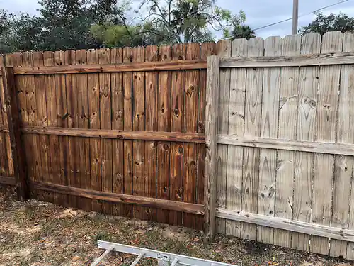 South Daytona wood fence part way through staining, with brown stained boards on the left and weathered grey unstained boards on the right